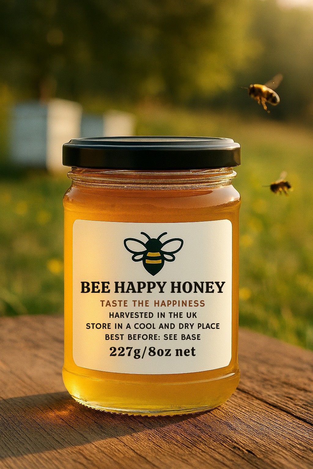 A vibrant image of a jar of Bee Happy Honey on a wooden table.